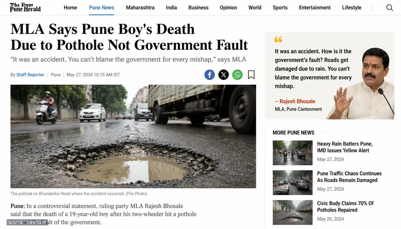 Pune Boy Dies in Pothole Accident, MLA Denies Government Fau — General news