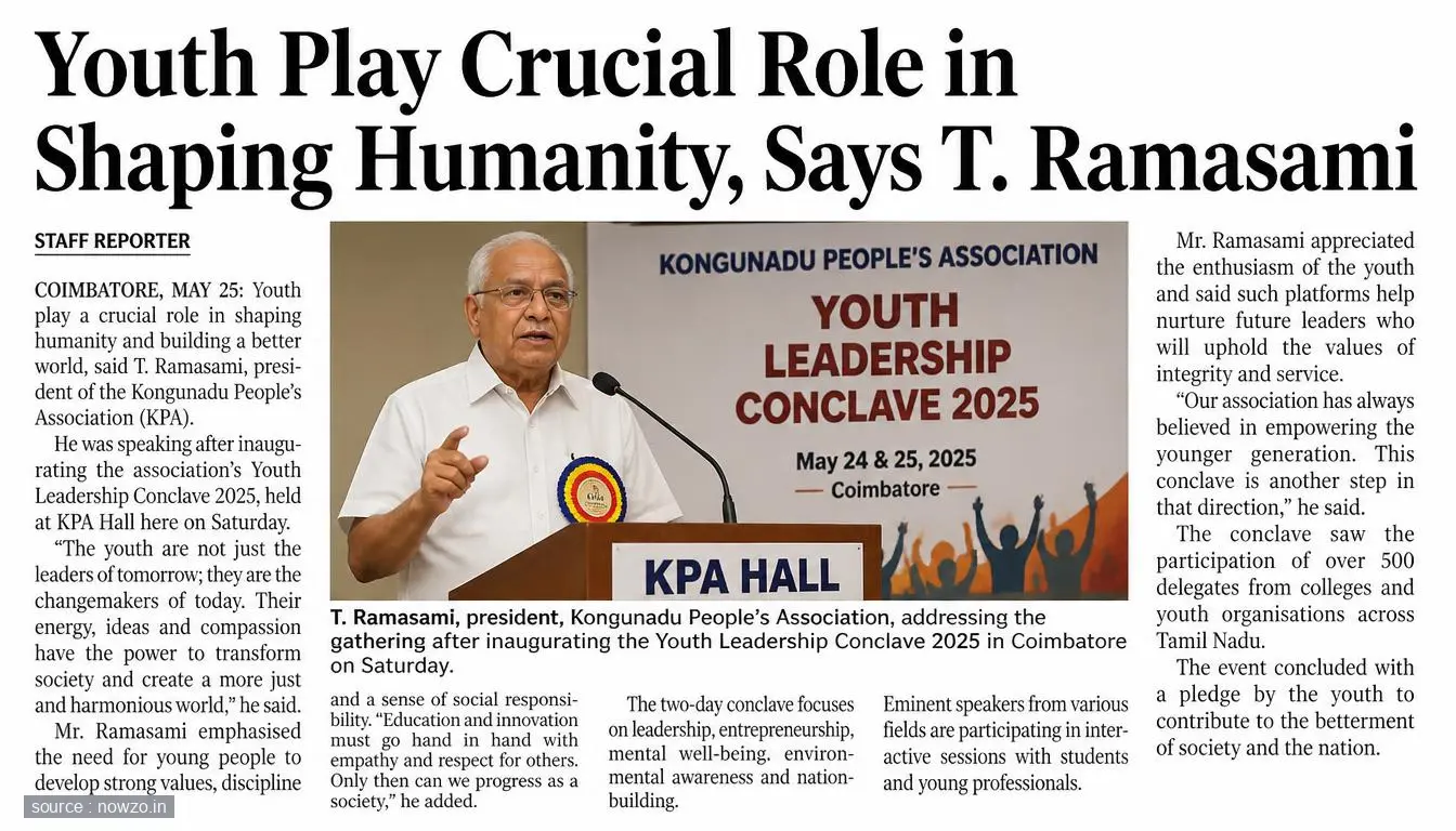 Youth Crucial in Shaping Humanity: T. Ramasami — General news