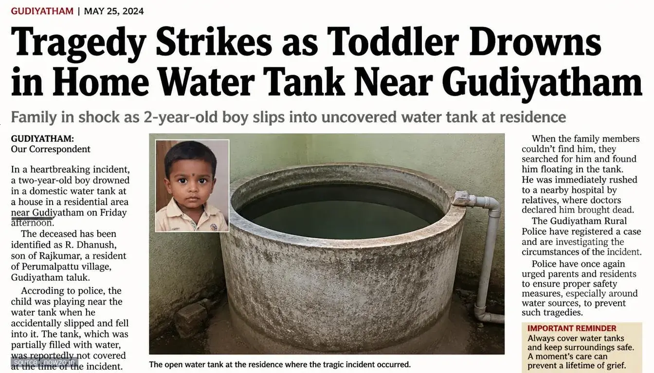 Tragedy Strikes as Toddler Drowns in Home Water Tank Near Gudiyatham